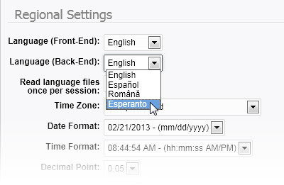 Regional settings: Back-End language selection