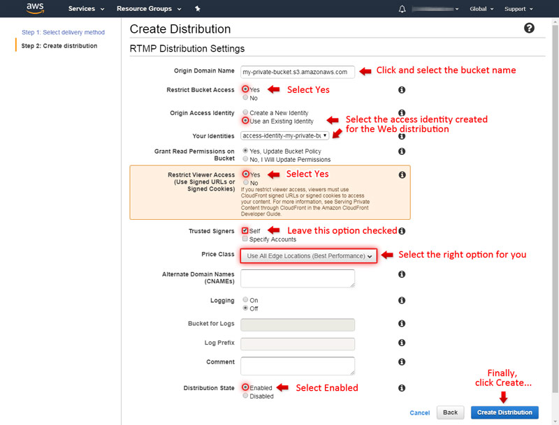 Amazon CloudFront: Creating a RTMP distribution with access restriction (signed URLs)