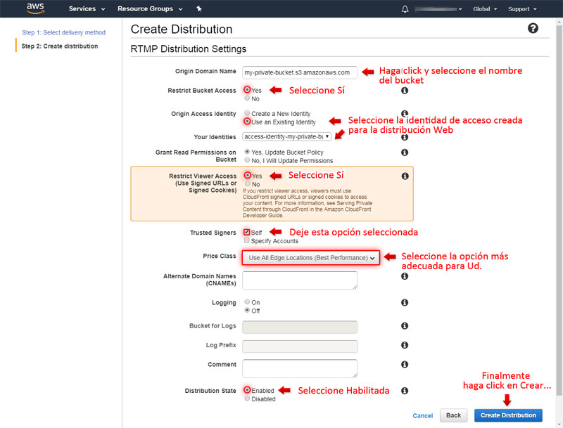 Amazon CloudFront: Creando una distribución RTMP con restricción de acceso (URLs firmadas)
