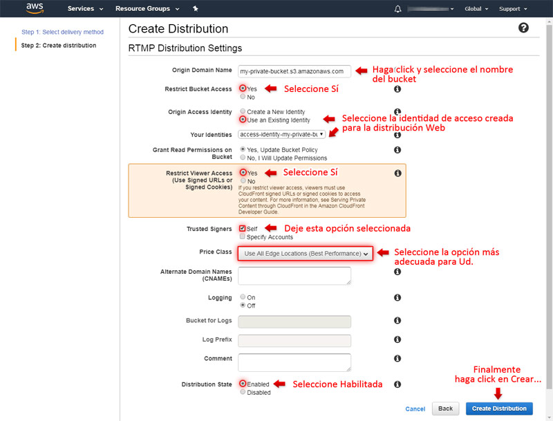 Amazon CloudFront: Creando una distribución RTMP con restricción de acceso (URLs firmadas)