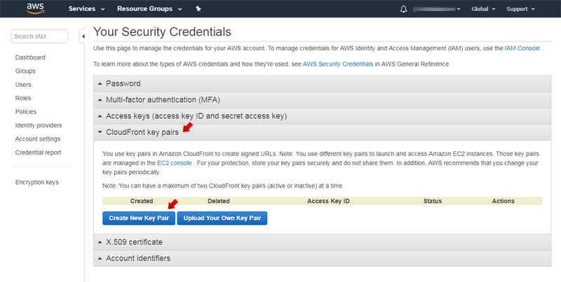 Credenciales de seguridad AWS: Pares de Claves de CloudFront