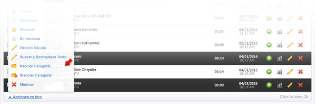 Asociación de categoría desde el listado de Clips