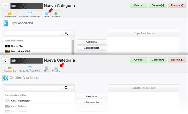 Asociación directa de clips y canales desde una categoría