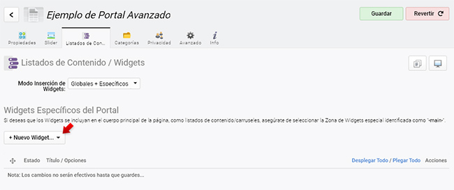 Opciones de listados de ítem del Portal (widgets)