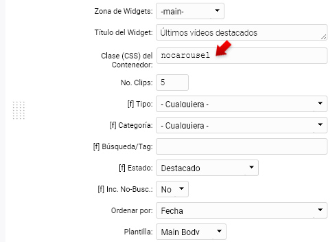 La clase CSS nocarousel para Widget