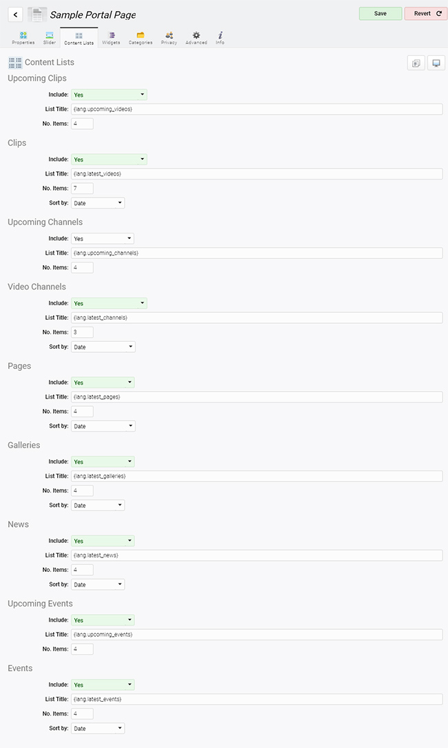 Portal item list options