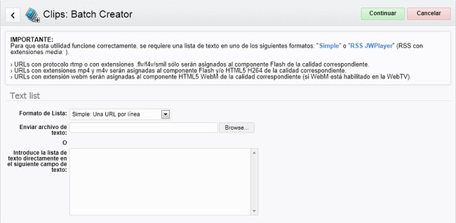 Batch Creator: entrada de texto o archivo