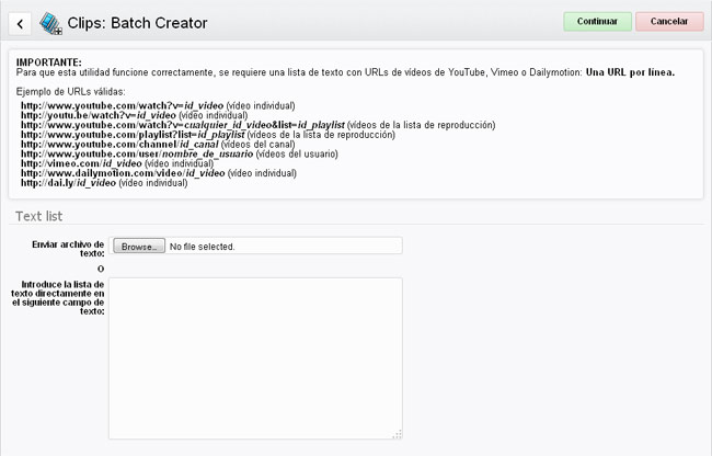 Batch Creator: entrada de texto o archivo