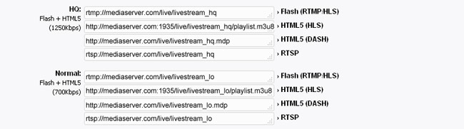 StreamClip Live: Ejemplo de introducción de URLs (DASH)