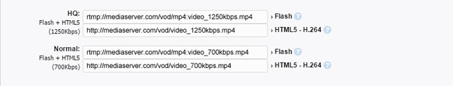 StreamClip VOD: Ejemplo de introducción de URLs (streaming Flash y HTML5)