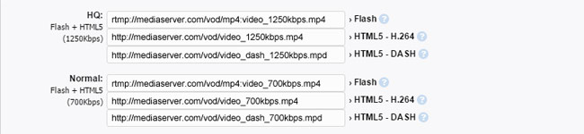 StreamClip VOD: Ejemplo de introducción de URLs (DASH)