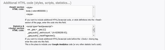 Additional HTML code (styles, scripts, statistics - Google Analytics -...)