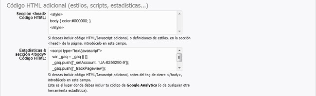 Código HTML adicional (estilos, scripts, estadísticas - Google Analytics -...)