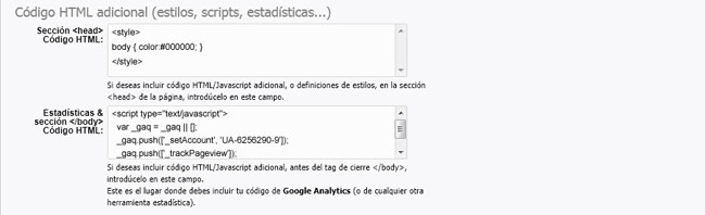 Configurtación, General: Código HTML adicional