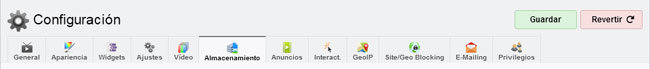 Pestaña: Configuración, Almacenamiento