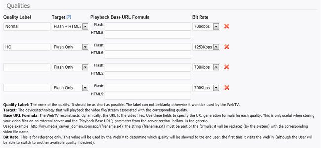 WebTV video quality configuration: URL formulas