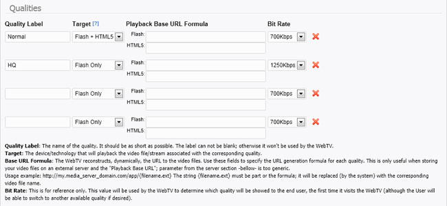 Configuración de calidades de vídeo de la WebTV: Fórmulas URL