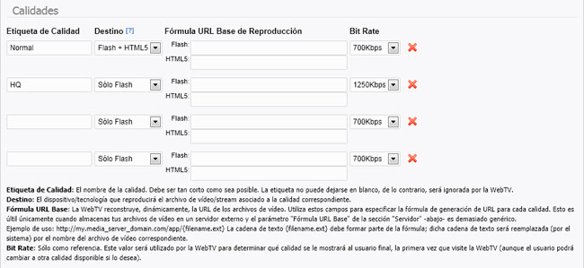 WebTV video quality configuration: URL formulas
