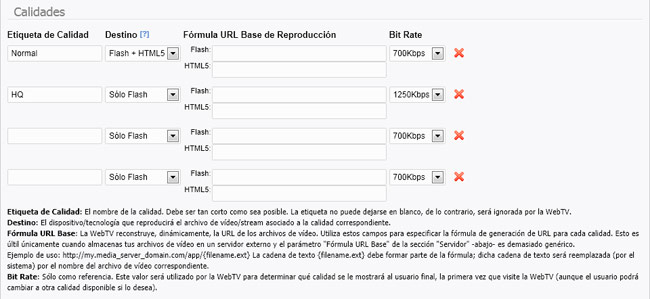 Configuración de calidades de vídeo de la WebTV: Fórmulas URL