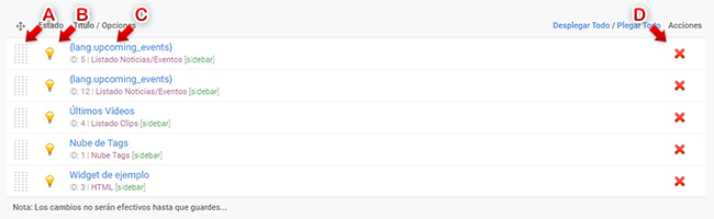 Opciones del listado de widgets