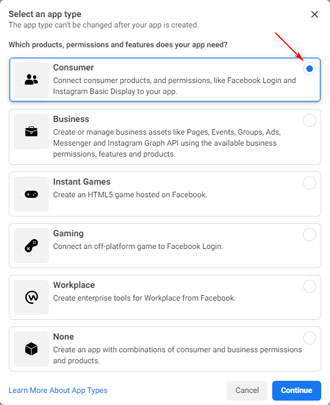 Facebook App: Select App Type
