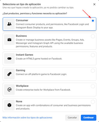 Facebook App: Seleccionar tipo de App