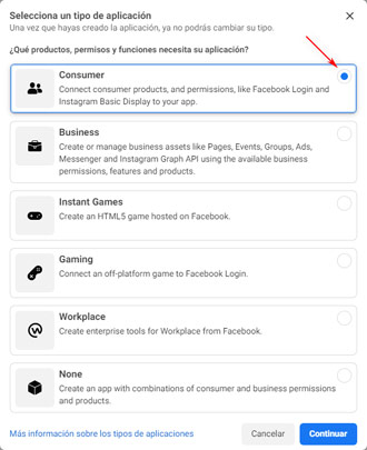 Facebook App: Seleccionar tipo de App