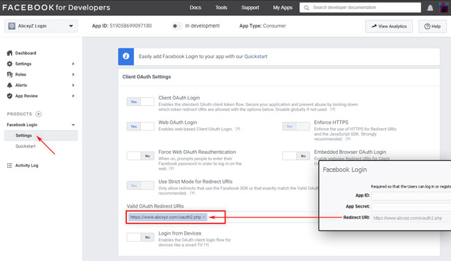 Facebook App: Facebook Login Settings