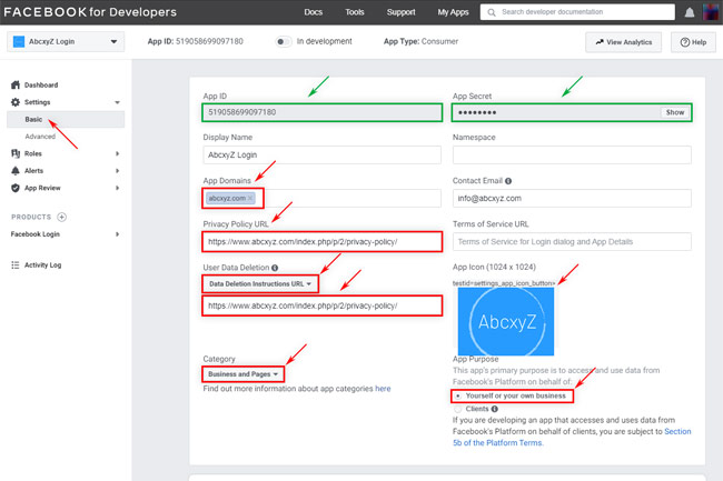 Facebook App: App Basic Settings