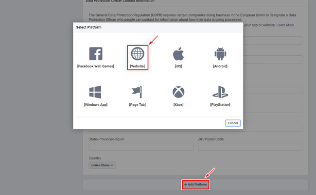 Facebook App: App Basic Settings / Add Platform