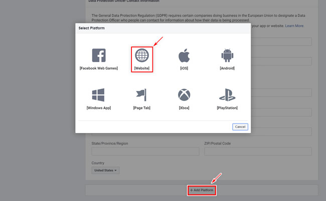 Facebook App: App Basic Settings / Add Platform
