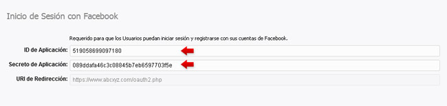 Introduciendo el ID de Aplicación y Secreto de Aplicación de Facebook