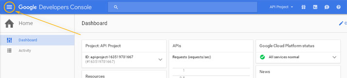 Google Developers Console: Menu