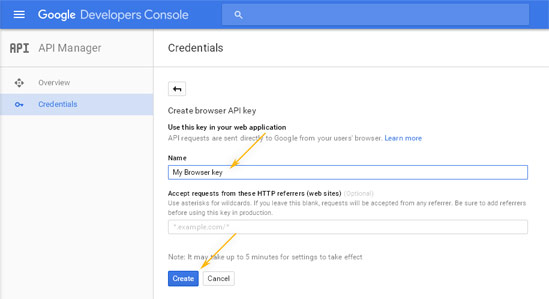 Google Developers Console: API Manager / Create new key - Info