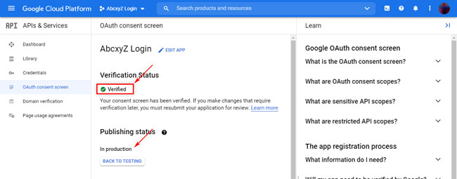 Google Cloud Platform: App Verified and Published