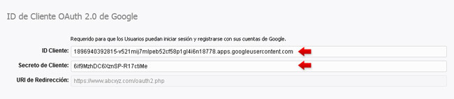 Introduciendo el ID de Cliente y Secreto de cliente de Google