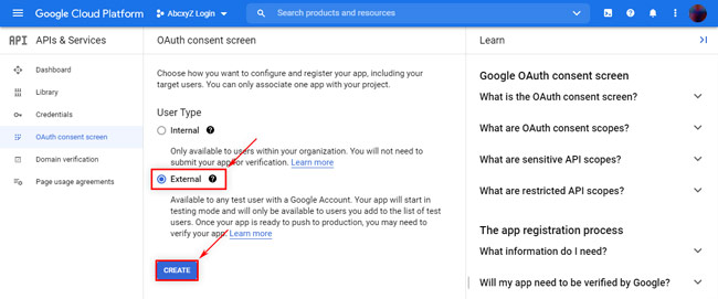 Google Cloud Platform: OAuth Consent Screen, first time