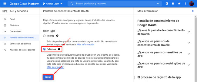 Google Cloud Platform: Pantalla de Consentimiento OAuth, primera vez