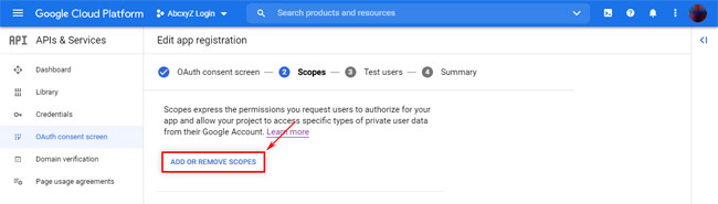 Google Cloud Platform: OAuth Consent Screen 2 - Scopes