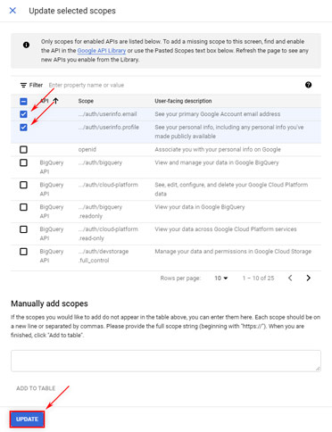 Google Cloud Platform: OAuth Consent Screen 2 - Scopes selection