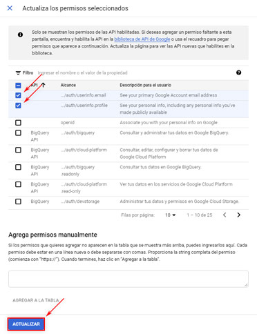 Google Cloud Platform: Pantalla de Consentimiento OAuth 1 - Selección de permisos