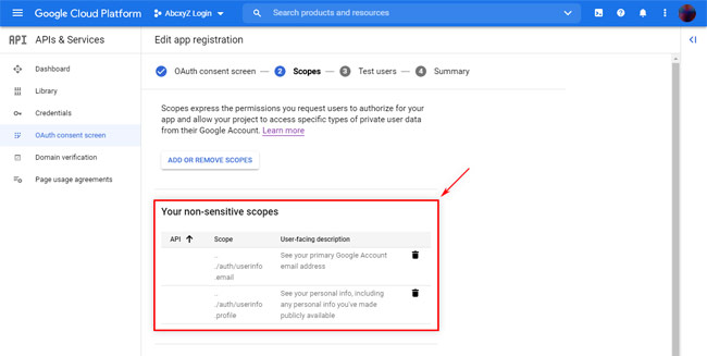 Google Cloud Platform: OAuth Consent Screen 2 - Scopes added