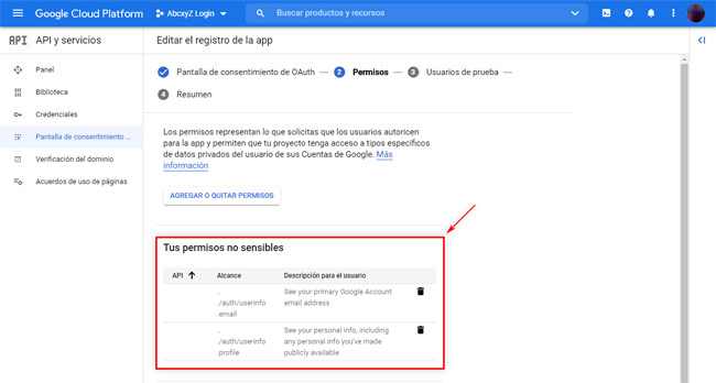 Google Cloud Platform: Pantalla de Consentimiento OAuth 1 - Permisos añadidos