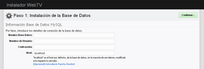 Instalador de WS.WebTV: Información de la base de datos