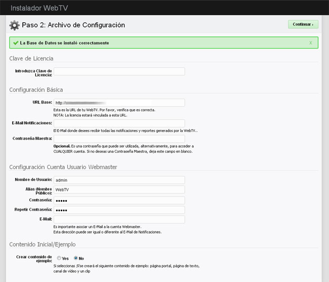 Instalador de WS.WebTV: Configuración Inicial