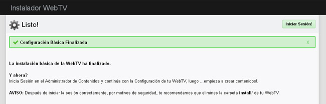 Instalador de WS.WebTV: Fin de la instalación