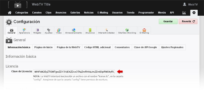 Introduciendo una clave de licencia en WS.WebTV