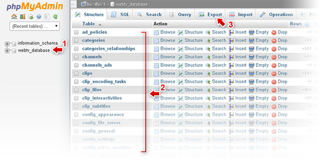 Exportando la base de datos de WS.WebTV desde phpMyAdmin - imagen 1