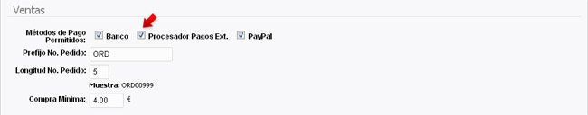Configurando la extensión Tienda para usar el procesador de pagos externo