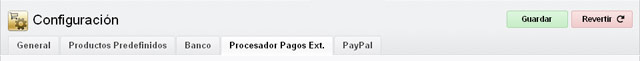 Pestaña: Tienda, Configuración, Procesador Pagos Ext.